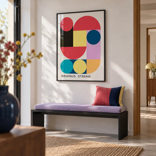 Large Colourful Wall Art, framed on the wall of a modern hallway with a white wall