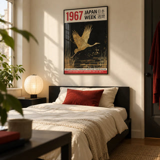 Large Crane Wall Art, framed on the wall of a calm single bedroom for a young adult who loves Japan (17-25) with a cream wall