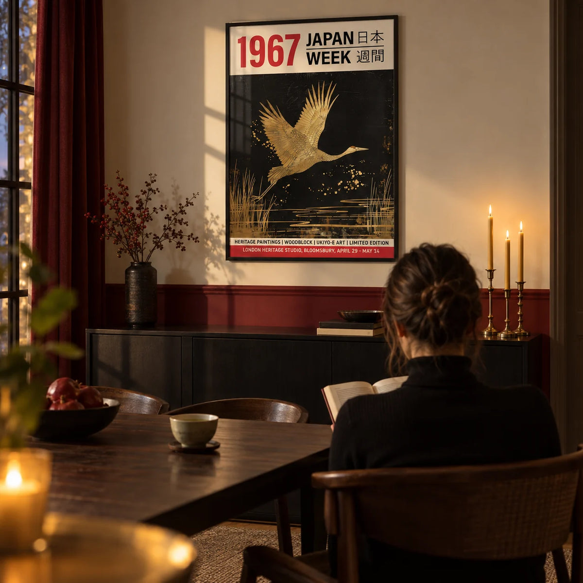 Large Crane Wall Art, framed on the wall of a dark elegant dining room with a deep red lower wall and cream above