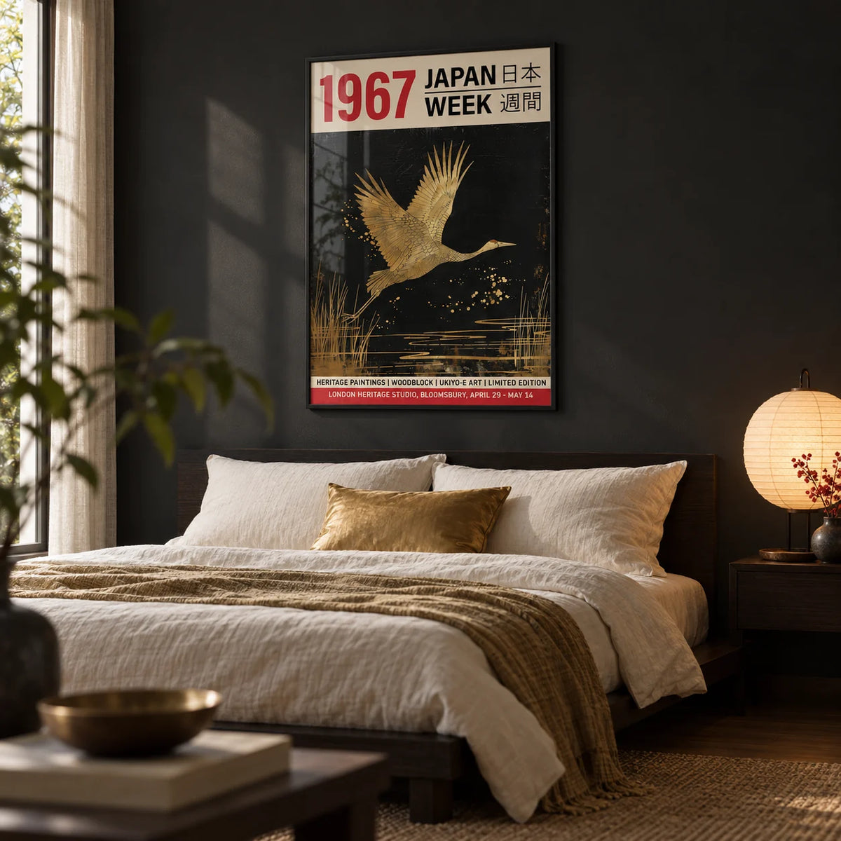 Large Crane Wall Art, framed on the wall of an elegant bedroom with a deep charcoal wall