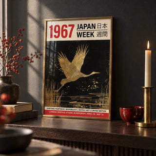 Large Crane Wall Art, a small A4 framed print leaning on a dark wood shelf in a living room