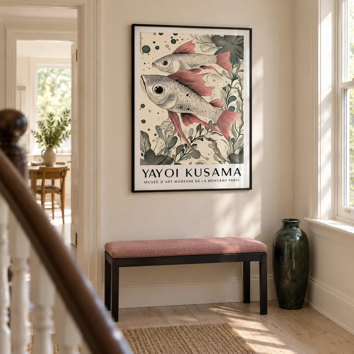Large Fish Wall Art, framed on the wall of a bright narrow hallway in a UK Victorian terrace with cream walls and pale timber flooring