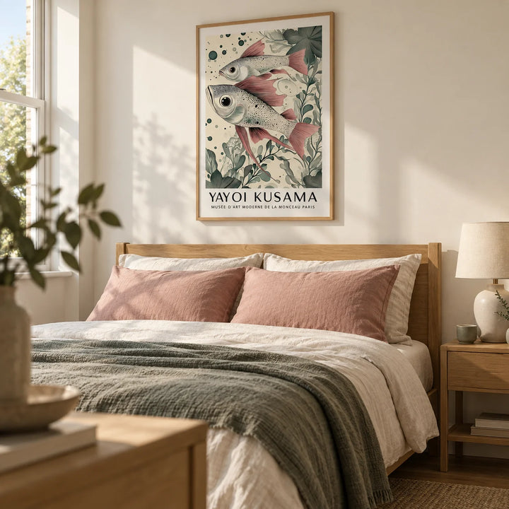 Large Fish Wall Art, framed on the wall of a calm contemporary bedroom in a UK flat with cream walls and natural oak furniture