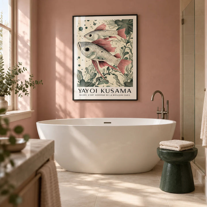 Large Fish Wall Art, framed on the wall of a characterful bathroom with pale dusty pink painted walls