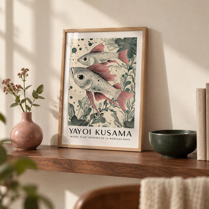 Large Fish Wall Art, a small A4 framed print leaning on a walnut shelf in a living room