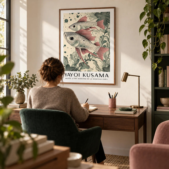 Large Fish Wall Art, framed on the wall of a small design-conscious home study with a warm white wall and a dark green upholstered desk chair