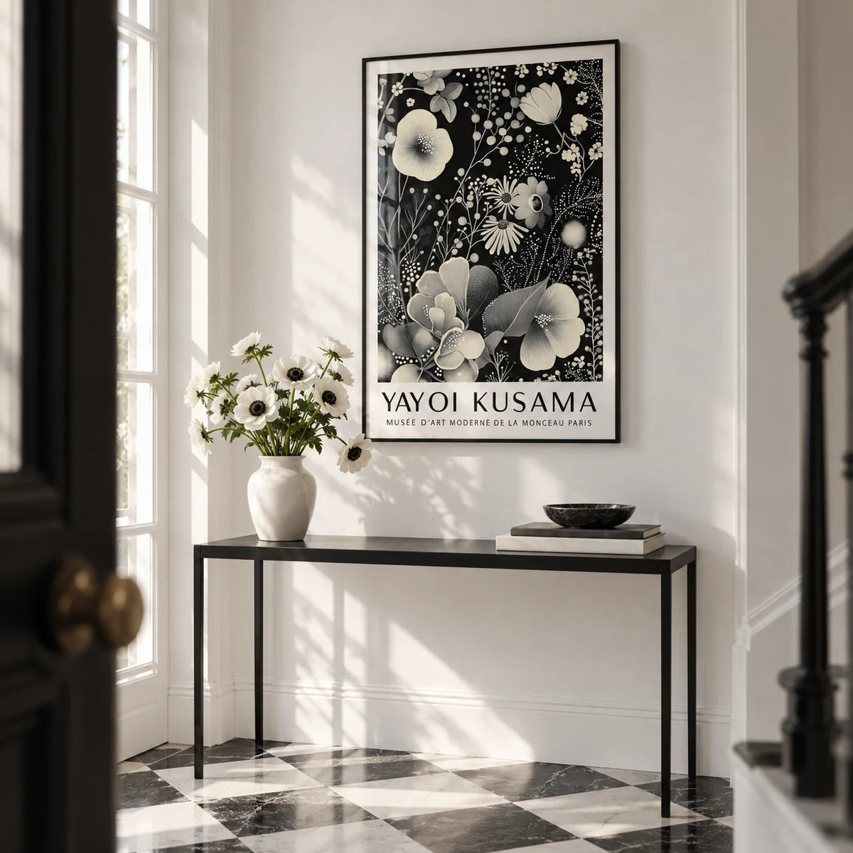Large Floral Wall Art, framed on the wall of a crisp hallway with a white wall and a plain black and white floor