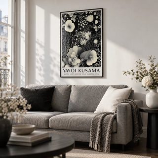 Large Floral Wall Art, framed on the wall of a monochrome living room in a city flat with a white wall and a dark oak floor