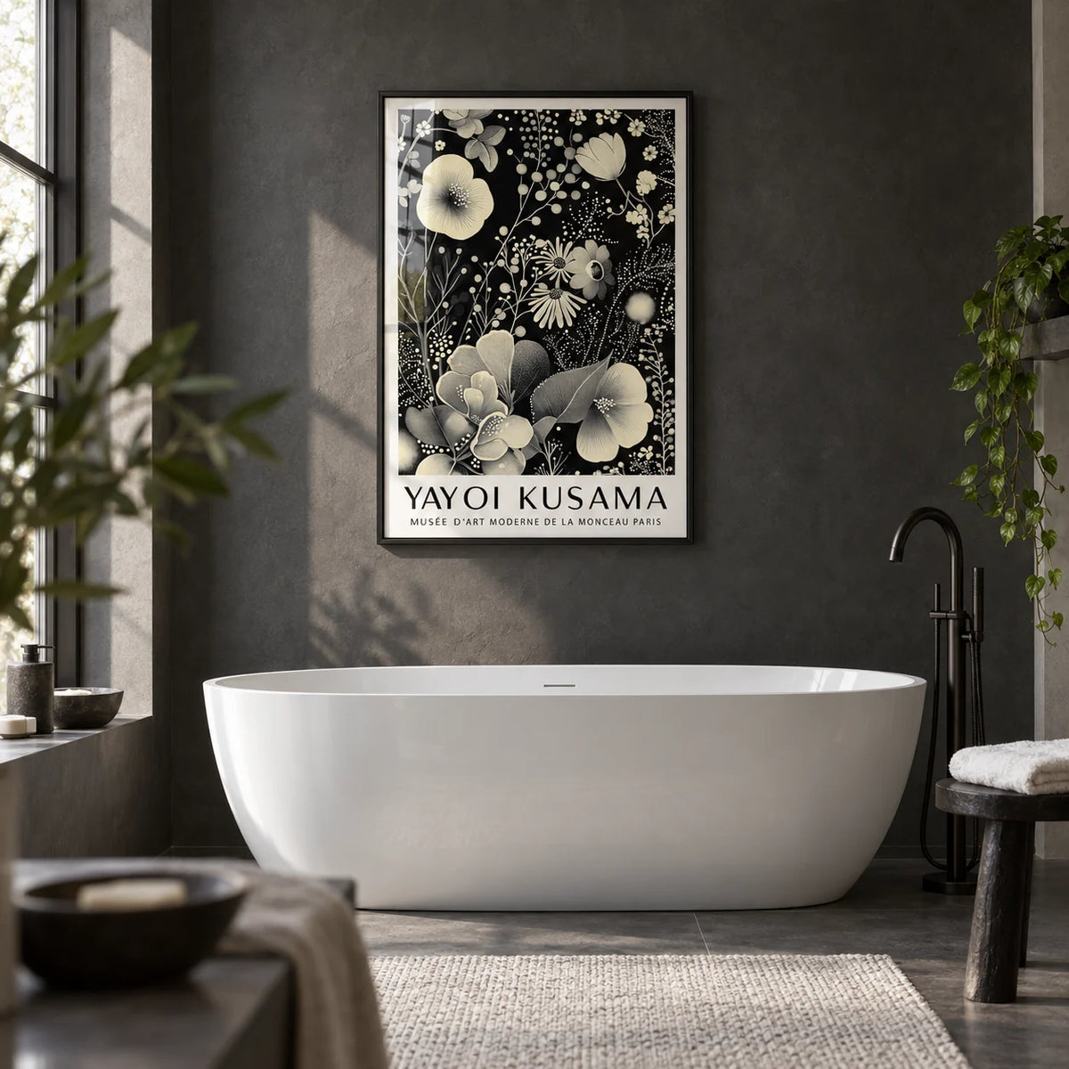 Large Floral Wall Art, framed on the wall of a sleek modern bathroom with a charcoal plaster wall