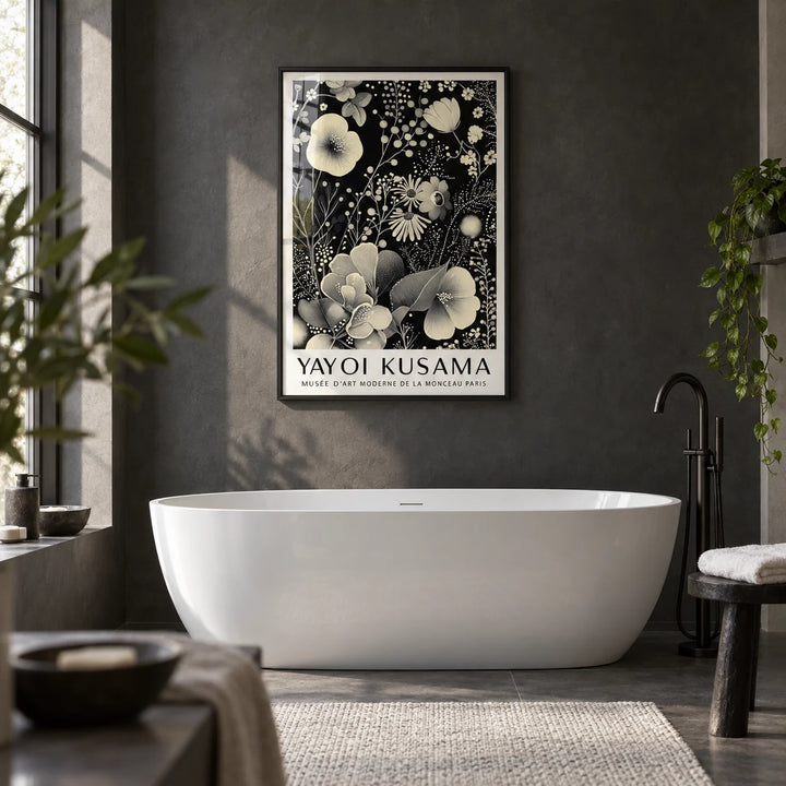 Large Floral Wall Art, framed on the wall of a sleek modern bathroom with a charcoal plaster wall