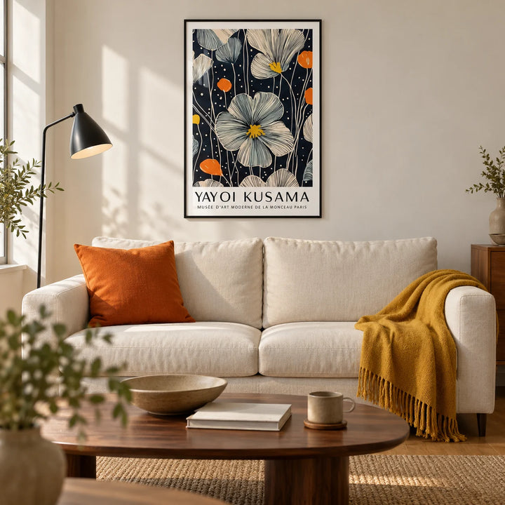 Large Flower Wall Art, framed on the wall of a modern living room in a UK city flat with warm white walls