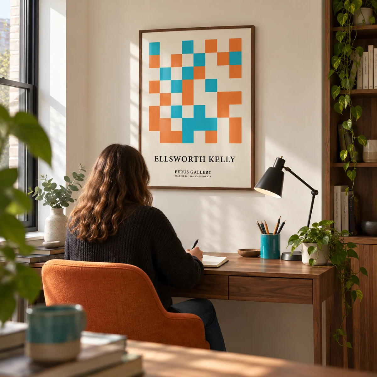 Large Geometric Wall Art, framed on the wall of a compact home study in a renovated UK terrace with a cream wall and walnut shelving