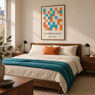 Large Geometric Wall Art, framed on the wall of a modern bedroom in a UK city flat with a warm white wall and walnut bedside tables