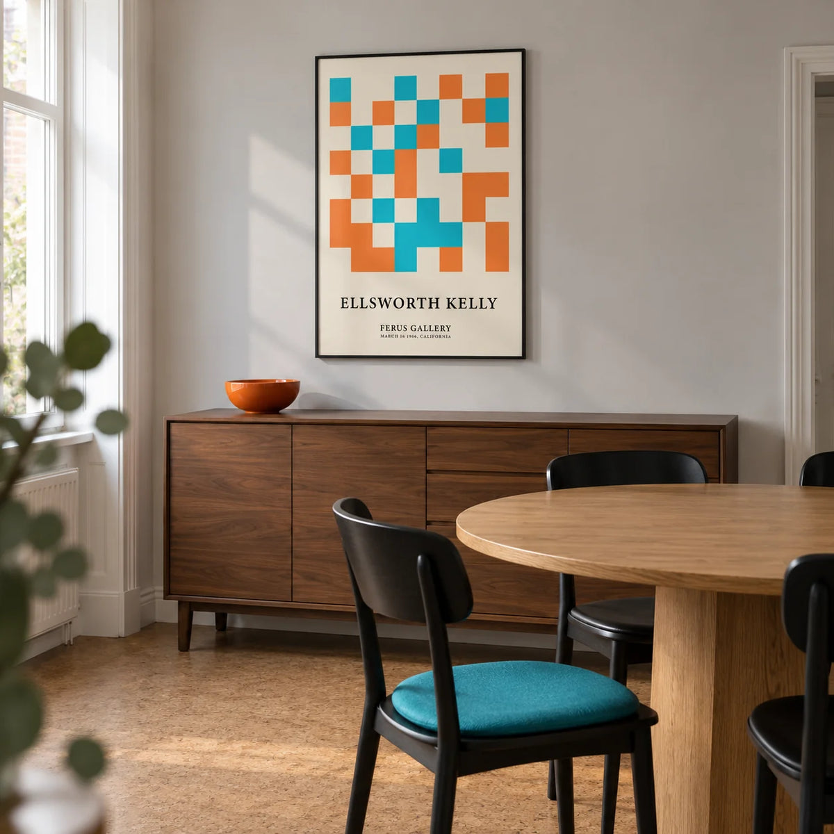 Large Geometric Wall Art, framed on the wall of a modern dining room in a UK townhouse with pale grey walls and a cork floor