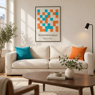 Large Geometric Wall Art, framed on the wall of a modern living room in a UK city flat with warm white walls