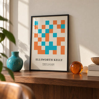 Large Geometric Wall Art, a small A4 framed print leaning on a walnut shelf in a living room