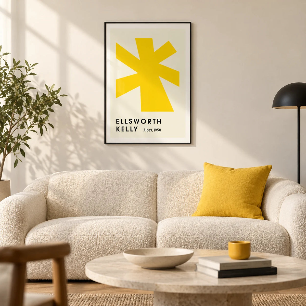 Large Minimalist Wall Art, framed on the wall of a bright minimal living room with a warm white wall