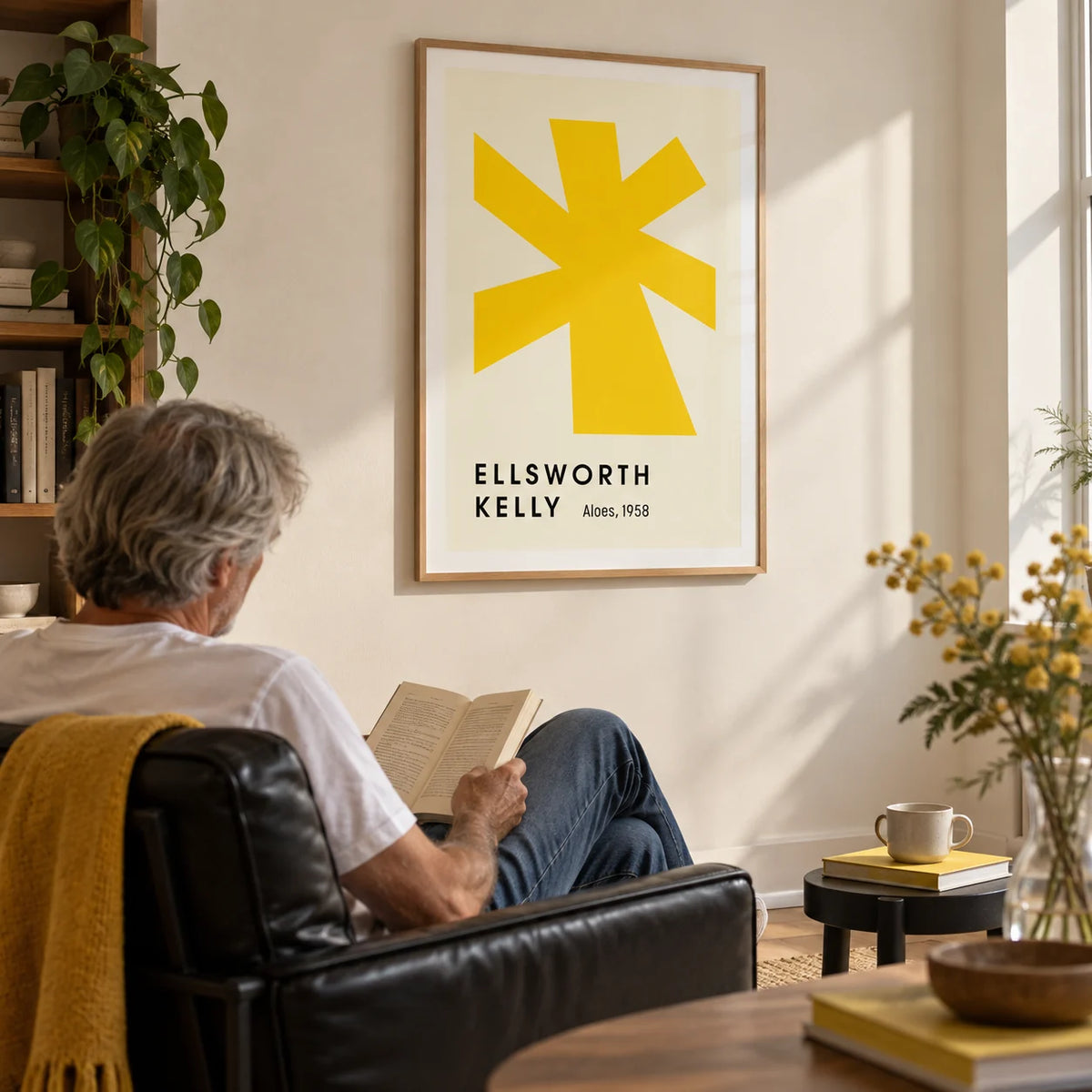 Large Minimalist Wall Art, framed on the wall of a calm reading spot with a cream wall in a living room
