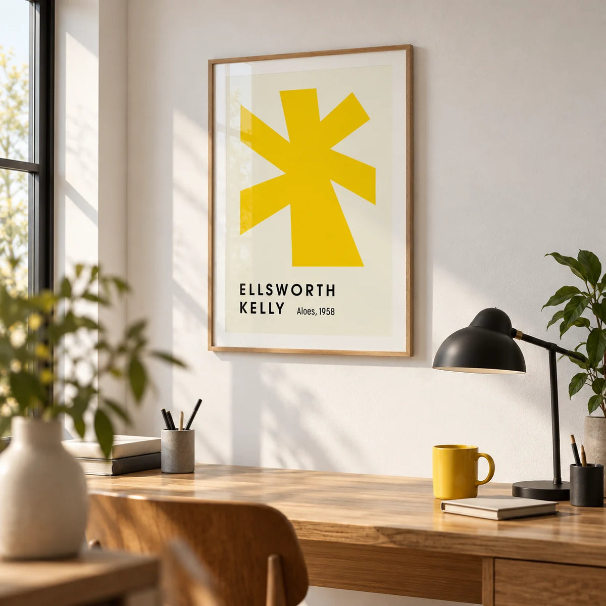 Large Minimalist Wall Art, framed on the wall of a crisp design studio with a white wall in a home office