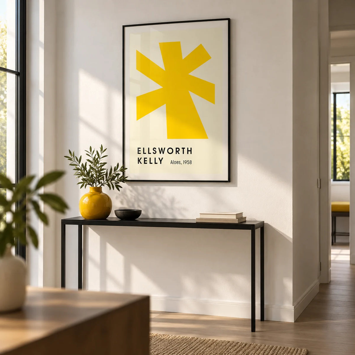 Large Minimalist Wall Art, framed on the wall of a modern hallway with a white wall