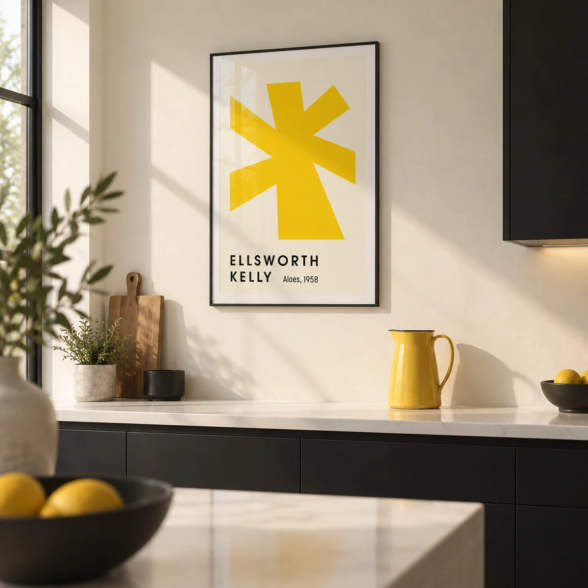 Large Minimalist Wall Art, framed on the wall of a modern kitchen with black cabinets and a cream wall