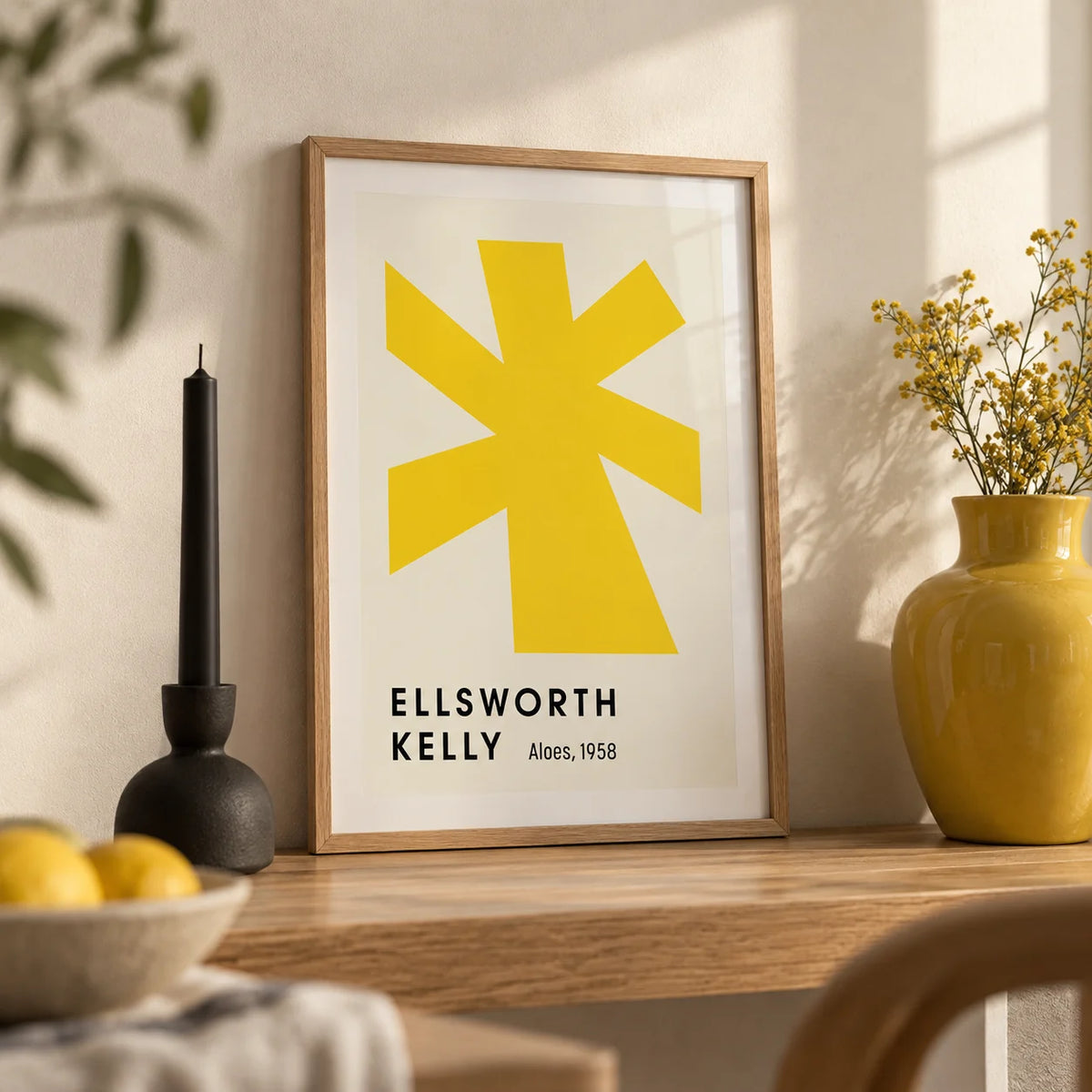Large Minimalist Wall Art, a small A4 framed print leaning on an oak shelf in a living room