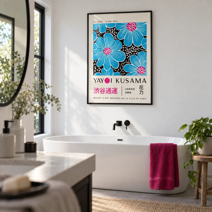 Large Modern Floral Wall Art, framed on the wall of a modern bathroom with plain white walls and a black framed mirror