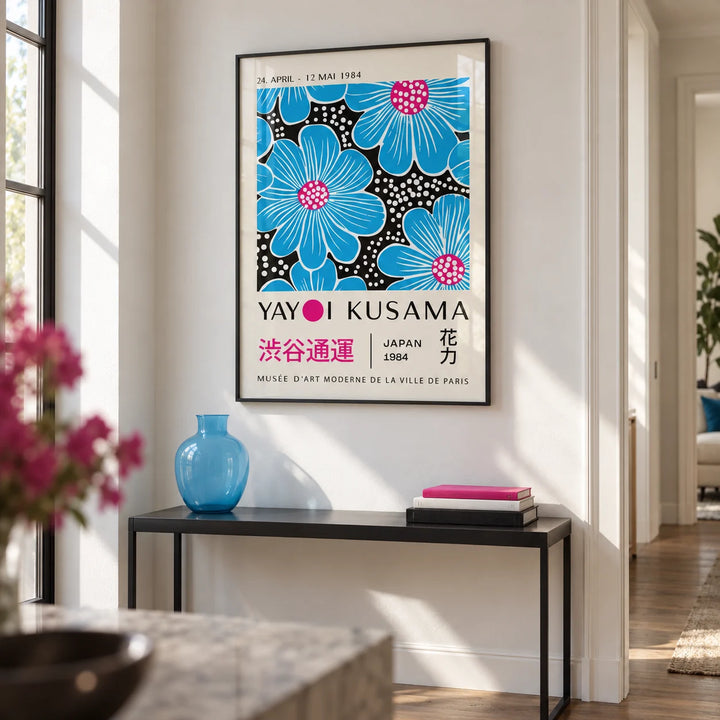 Large Modern Floral Wall Art, framed on the wall of a modern hallway with a white wall