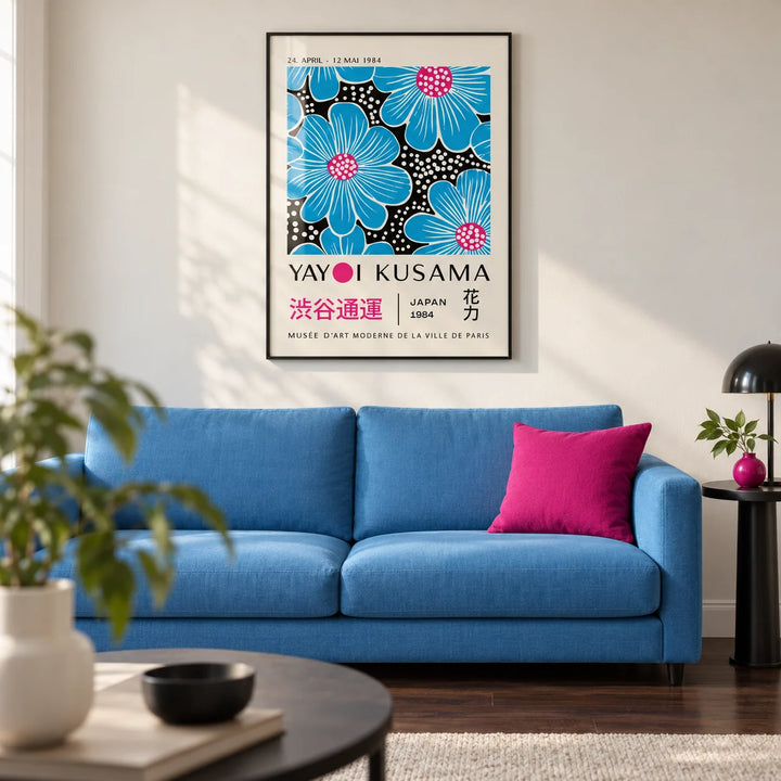 Large Modern Floral Wall Art, framed on the wall of a modern living room with a warm white wall and a dark wood floor