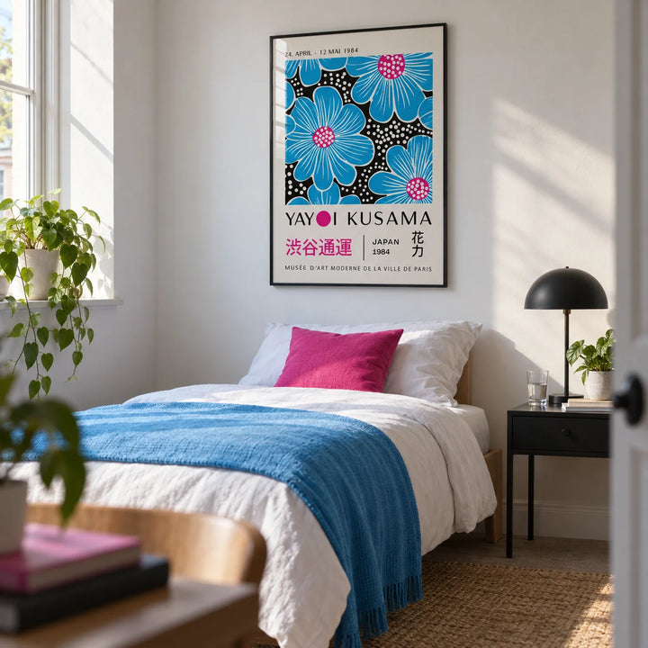 Large Modern Floral Wall Art, framed on the wall of a modern single bedroom in a first flat (22-28) with a white wall