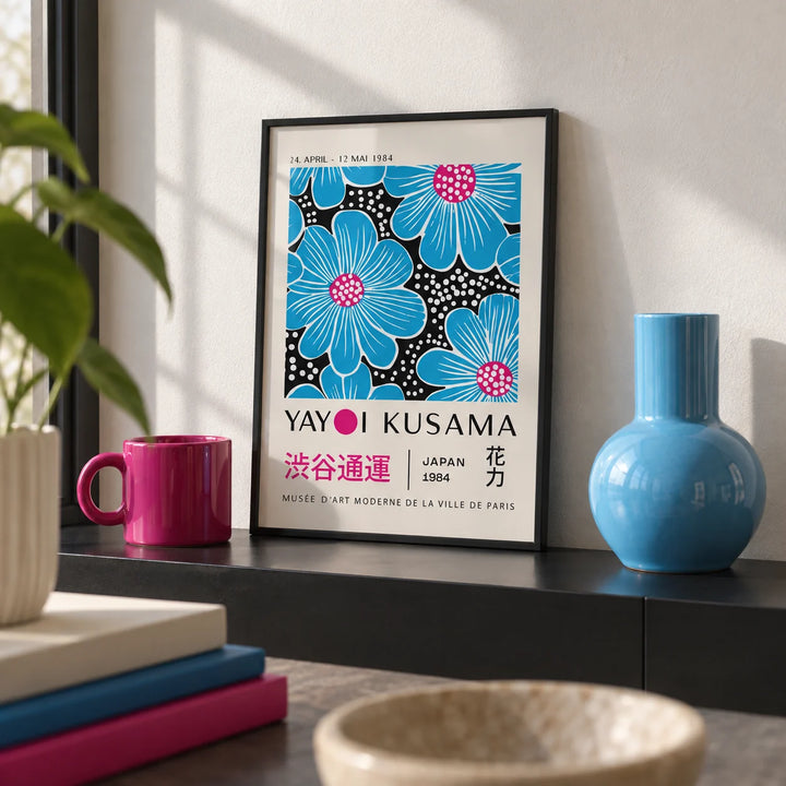 Large Modern Floral Wall Art, a small A4 framed print leaning on a black shelf in a living room