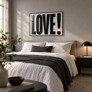 Large Motivational Posters, framed on the wall of a calm modern bedroom with a soft grey wall