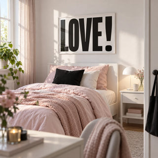 Large Motivational Posters, framed on the wall of a pretty single bedroom for a young woman (16-24) with a white wall