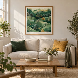 Large Nature Wall Art, framed on the wall of a calm modern living room in a UK terraced house with warm white walls and oak floorboards