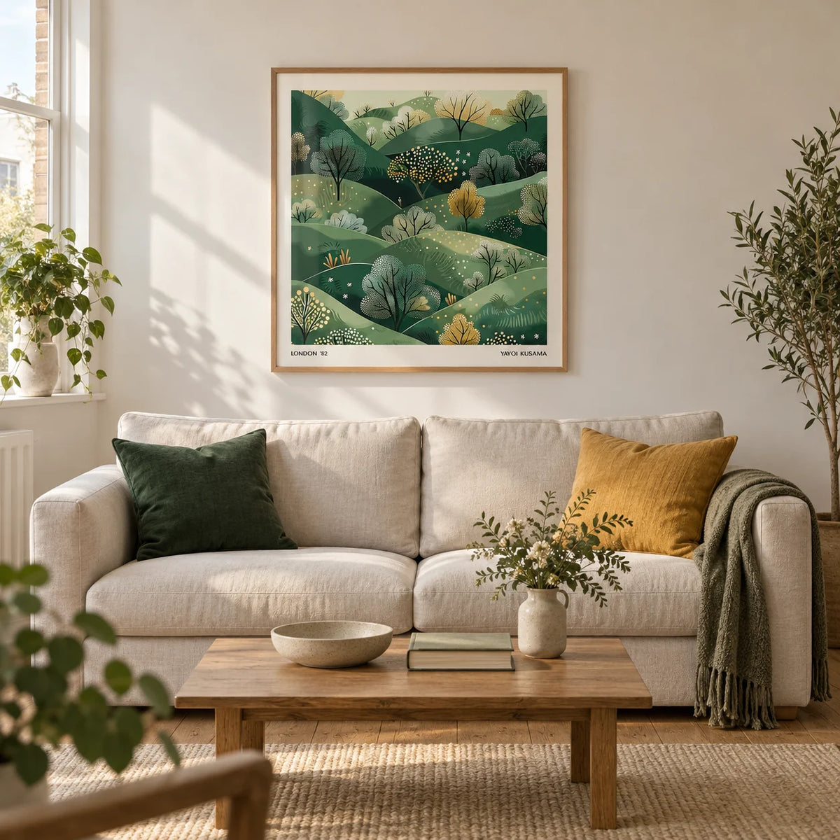Large Nature Wall Art, framed on the wall of a calm modern living room in a UK terraced house with warm white walls and oak floorboards