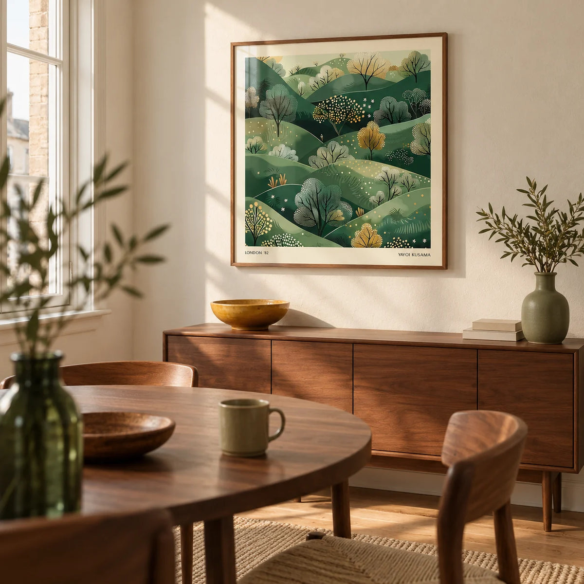 Large Nature Wall Art, framed on the wall of a compact modern dining room in a UK flat with cream plaster walls