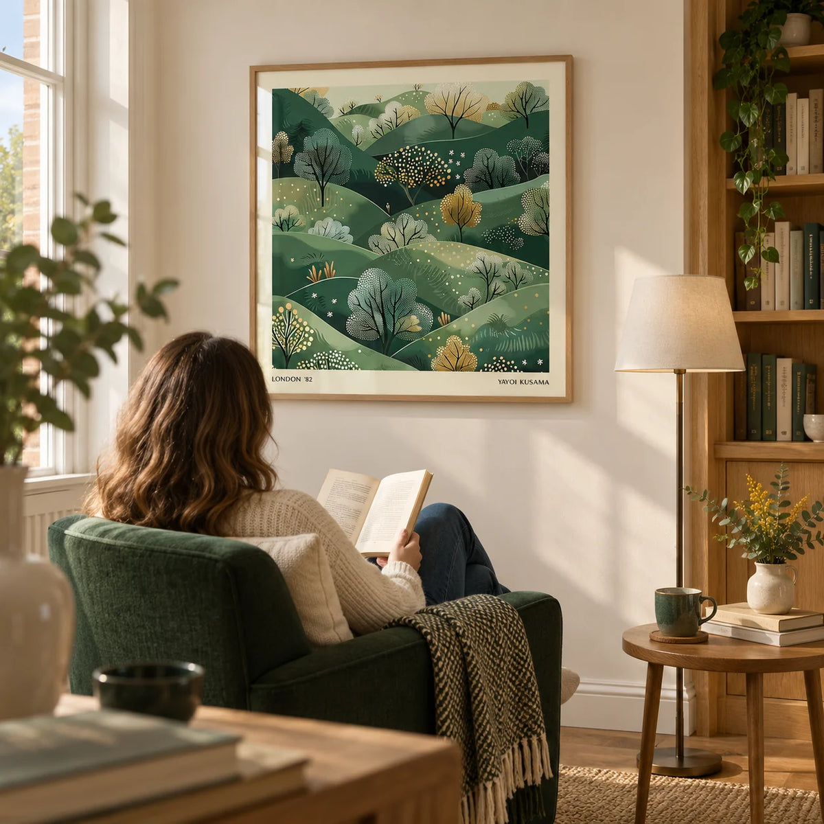 Large Nature Wall Art, framed on the wall of a quiet home study in a UK house with a warm white wall and a built-in oak bookcase along the adjacent wall