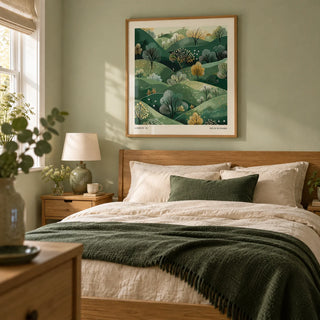 Large Nature Wall Art, framed on the wall of a restful bedroom in a UK home with pale sage walls and simple oak furniture