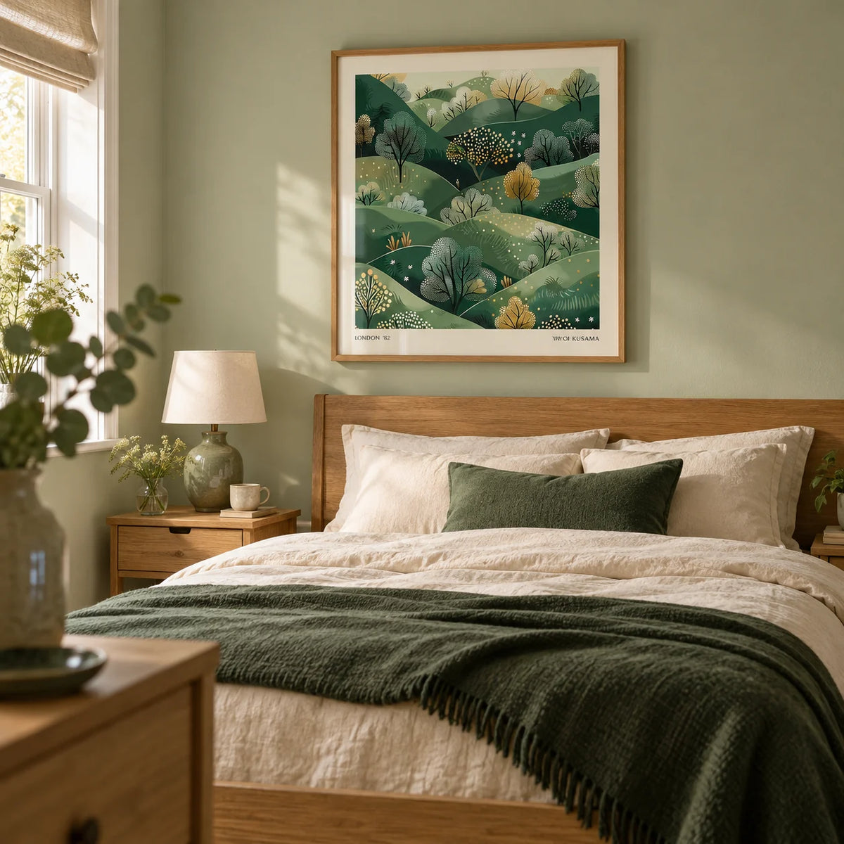 Large Nature Wall Art, framed on the wall of a restful bedroom in a UK home with pale sage walls and simple oak furniture