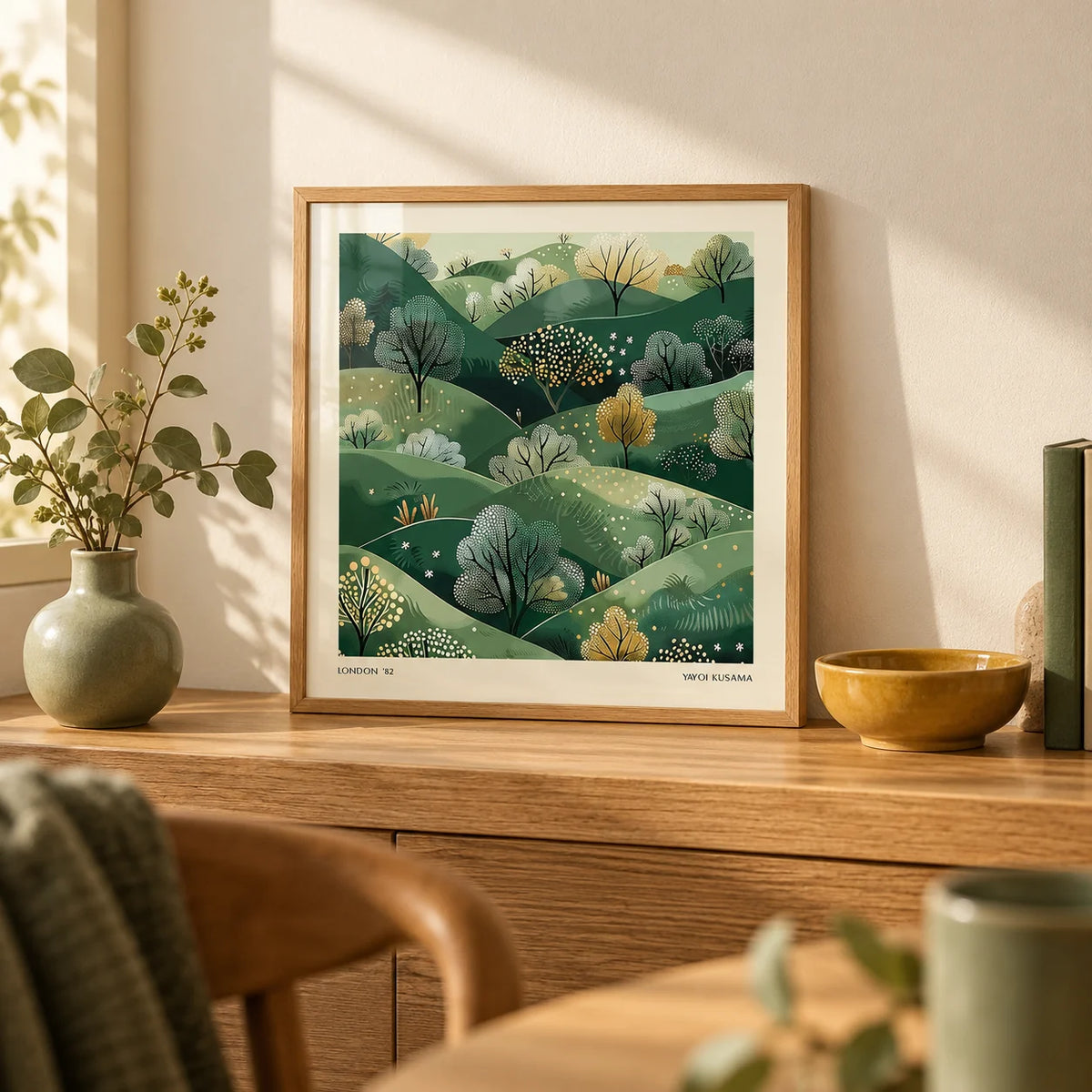 Large Nature Wall Art, a small A4 framed print leaning on an oak shelf in a living room