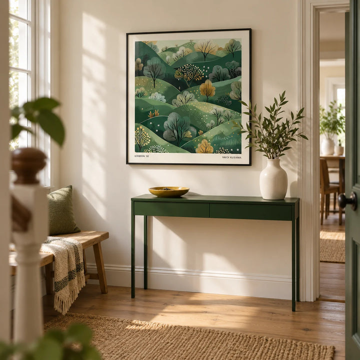 Large Nature Wall Art, framed on the wall of a welcoming hallway in a renovated UK terrace with pale cream walls and natural oak floorboards