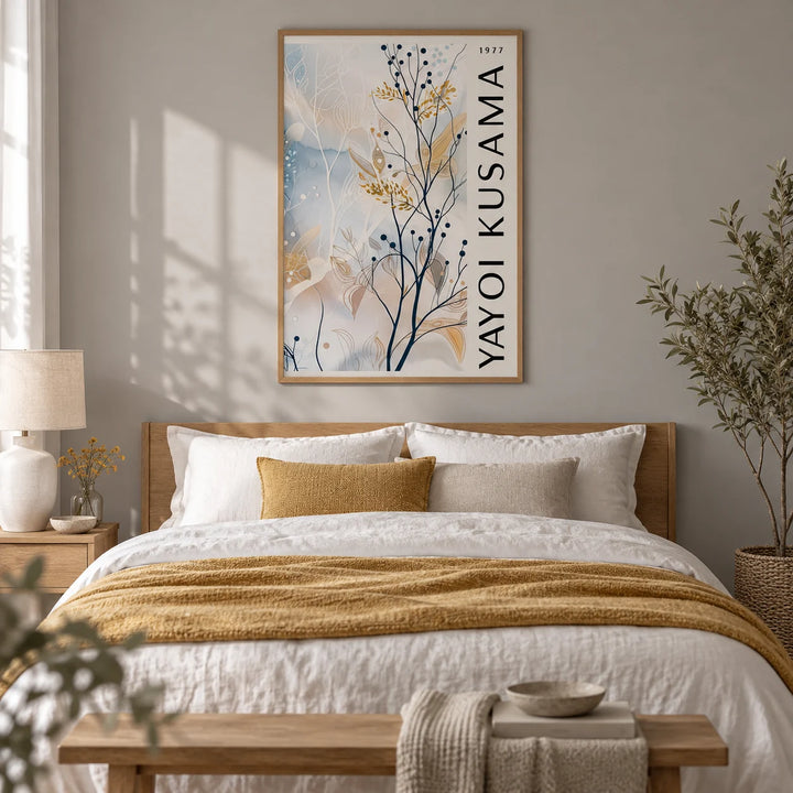 Large Neutral Wall Art, framed on the wall of a calm Scandi bedroom with a soft dove grey wall