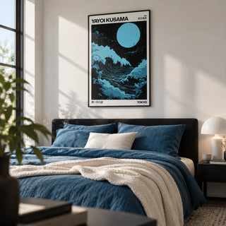 Large Ocean Wall Art, framed on the wall of a calm modern bedroom with a soft white wall
