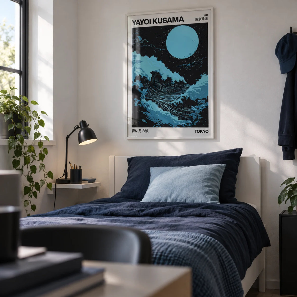 Large Ocean Wall Art, framed on the wall of a calm single bedroom for a teen boy (13-17) with a white wall