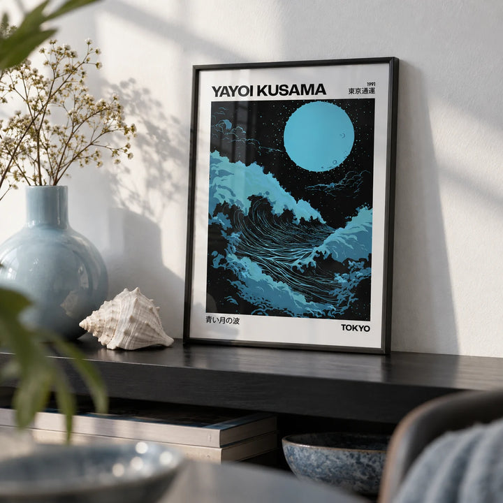 Large Ocean Wall Art, a small A4 framed print leaning on a black shelf in a living room