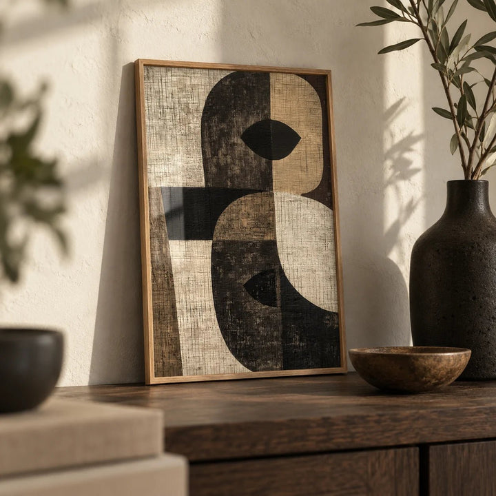 Large Owl Wall Art, a small A4 framed print leaning on a dark oak shelf in a living room