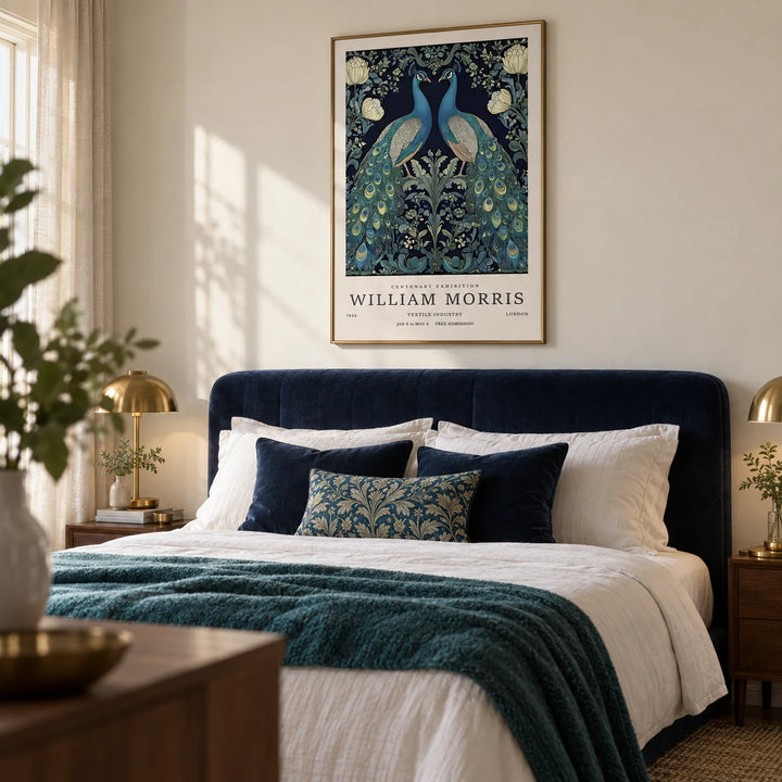 Large Peacock Wall Art, framed on the wall of an elegant bedroom with a soft cream wall