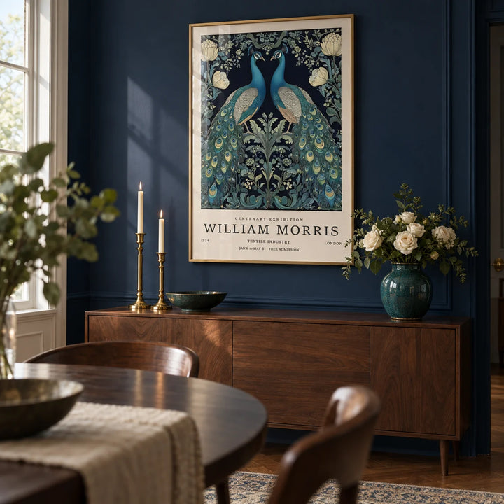 Large Peacock Wall Art, framed on the wall of an elegant dining room with a deep navy painted wall
