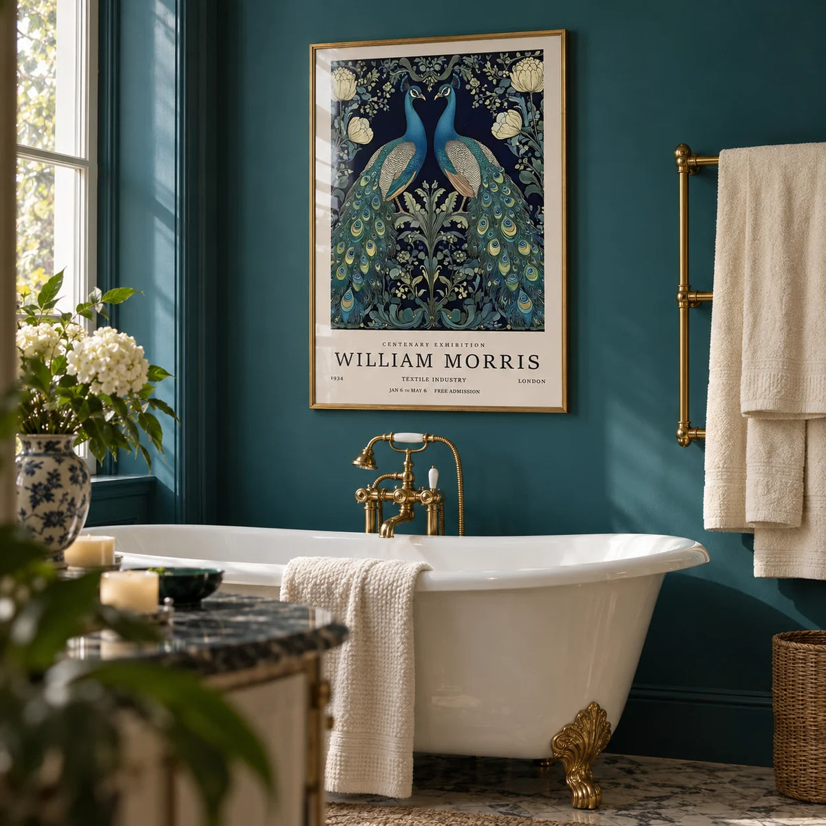 Large Peacock Wall Art, framed on the wall of a glamorous bathroom with a peacock teal painted wall and a white roll-top bath