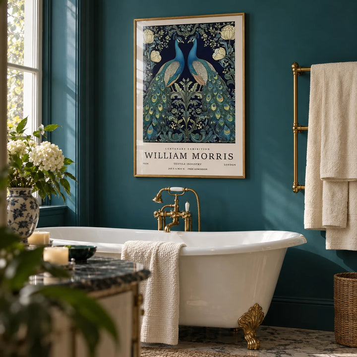 Large Peacock Wall Art, framed on the wall of a glamorous bathroom with a peacock teal painted wall and a white roll-top bath